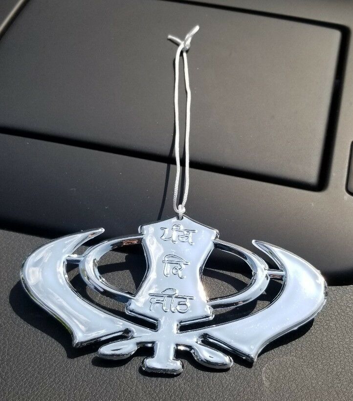 Handgefertigter Khanda Autoanhänger Silber - Sikh Symbol Rückspiegel Dekor