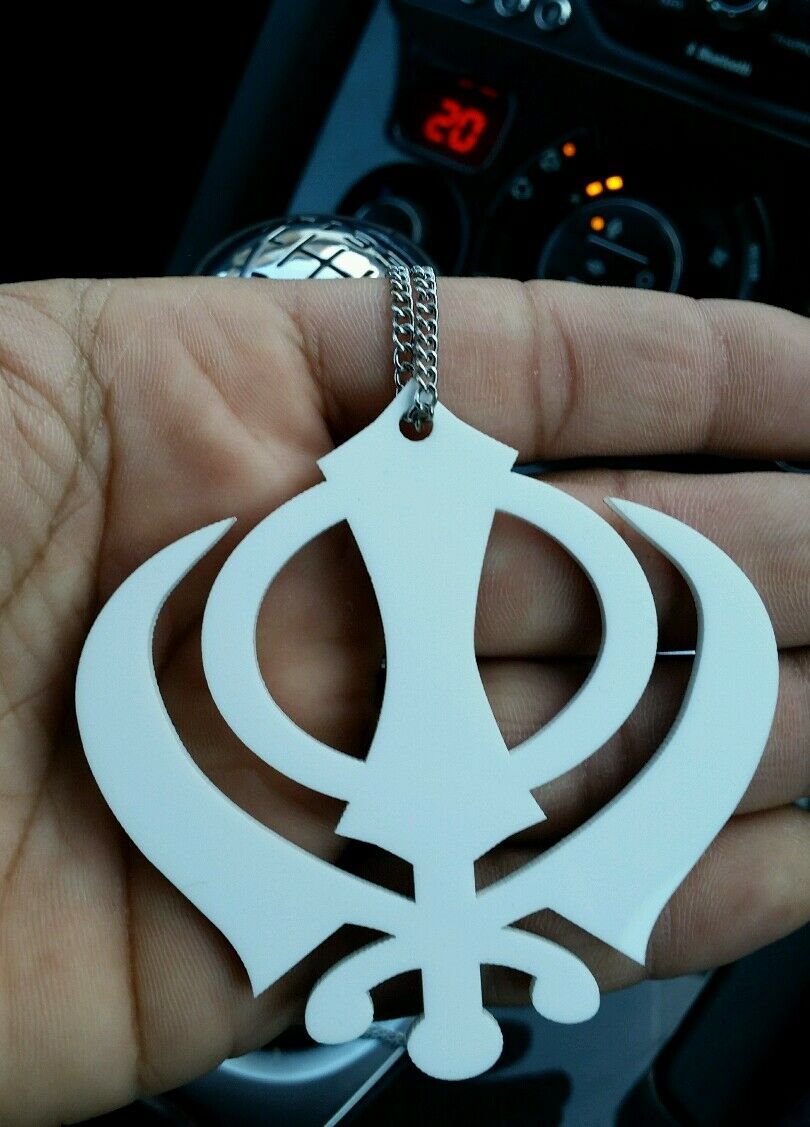 Pendente Sikh Khanda Con Specchietto Retrovisore Bianco - Catena Acrilica Punjabi - OnlineSikhStore