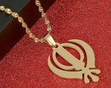 Stunning gold plated steel sikh singh kaur khanda pendant in matching chain b49g