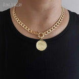 10pcs Waterproof Stainless Steel Box Chain Jewelry Lucky Six Pence U.K Elizabeth Coin Gold Color Women Medallion Necklace Tiki