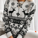 2025 Winter Women's Christmas Sweater Elk Print Knitted Jumpers Full Sleeve O Neck Casual Loose Knitwear Pullover Tops Xmas Look