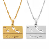 Anniyo Rectangle Curacao Map and Flag Pendant Necklaces for Women Girls Gold Color Jewellery Maps @109721