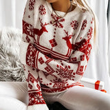 2025 Winter Women's Christmas Sweater Elk Print Knitted Jumpers Full Sleeve O Neck Casual Loose Knitwear Pullover Tops Xmas Look
