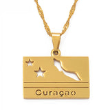 Anniyo Rectangle Curacao Map and Flag Pendant Necklaces for Women Girls Gold Color Jewellery Maps @109721
