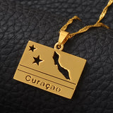 Anniyo Rectangle Curacao Map and Flag Pendant Necklaces for Women Girls Gold Color Jewellery Maps @109721