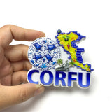 Corfu Island Shape Resin Fridge Magnet - Souvenirs from Greece with Map and Blue Elements