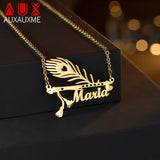 Auxauxme Custom Feather Name Necklace Personalized Stainless Steel Pen Nameplate Choker For Schoolmate Teacher Graduation Gift