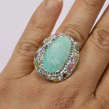 G-G Real Blue Amazonite Tourmaline Colorful CZ Paved Rings Adjustable Handmade Stone Ring Lady Simple Gifts