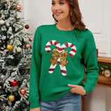 Sweater 2025 Autumn/Winter New Product Christmas Cane Bow Glitter Women's Fashion Round Neck Hooded Long Sleeve Knitted Sweater