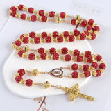 2025New Vintage Catholic 10mm 59 Crystal Rhinestone Beads Cross Necklace