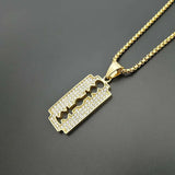 Trendy Titanium Steel Gold Plated Rhinestones Blade Pendant Necklace Creative Personality Men's Hip Hop Fashion Jewelry