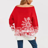 "Women's Winter Knit Sweater - Off Shoulder Pullover with Snowflake Pattern, Christmas Color Block Mid-Length Casual Jumper"