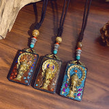 Nepal Tangka Pendant Male Green Tara Manjushri Bodhisattva Black Sandalwood Buddha Sign Vintage Necklace Sweater Chain Jewelry
