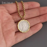 10pcs Waterproof Stainless Steel Box Chain Jewelry Lucky Six Pence U.K Elizabeth Coin Gold Color Women Medallion Necklace Tiki