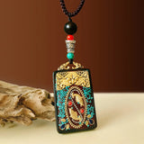 Nepal Tangka Pendant Male Green Tara Manjushri Bodhisattva Black Sandalwood Buddha Sign Vintage Necklace Sweater Chain Jewelry