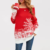 "Women's Winter Knit Sweater - Off Shoulder Pullover with Snowflake Pattern, Christmas Color Block Mid-Length Casual Jumper"