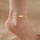 Simple Feather Stainless Steel Double Layer Bead Chain Ankle Anklets For Women Men Gold Silver Metal Anklet Daily Jewelry