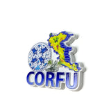 Corfu Island Shape Resin Fridge Magnet - Souvenirs from Greece with Map and Blue Elements