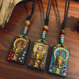 Nepal Tangka Pendant Male Green Tara Manjushri Bodhisattva Black Sandalwood Buddha Sign Vintage Necklace Sweater Chain Jewelry