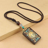 Nepal Tangka Pendant Male Green Tara Manjushri Bodhisattva Black Sandalwood Buddha Sign Vintage Necklace Sweater Chain Jewelry