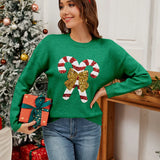 Sweater 2025 Autumn/Winter New Product Christmas Cane Bow Glitter Women's Fashion Round Neck Hooded Long Sleeve Knitted Sweater