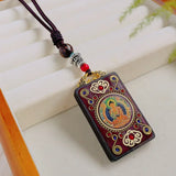 Nepal Tangka Pendant Male Green Tara Manjushri Bodhisattva Black Sandalwood Buddha Sign Vintage Necklace Sweater Chain Jewelry