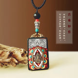 Nepal Tangka Pendant Male Green Tara Manjushri Bodhisattva Black Sandalwood Buddha Sign Vintage Necklace Sweater Chain Jewelry