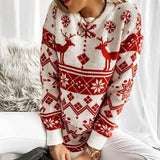 2025 Winter Women's Christmas Sweater Elk Print Knitted Jumpers Full Sleeve O Neck Casual Loose Knitwear Pullover Tops Xmas Look
