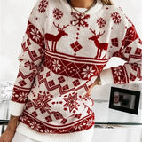 2025 Winter Women's Christmas Sweater Elk Print Knitted Jumpers Full Sleeve O Neck Casual Loose Knitwear Pullover Tops Xmas Look
