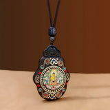 Nepal Tangka Pendant Male Green Tara Manjushri Bodhisattva Black Sandalwood Buddha Sign Vintage Necklace Sweater Chain Jewelry