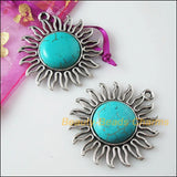2Pc Retro Tibetan Silver Sun Flower Charms Pendants 42.5x46mm