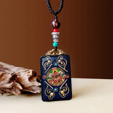Nepal Tangka Pendant Male Green Tara Manjushri Bodhisattva Black Sandalwood Buddha Sign Vintage Necklace Sweater Chain Jewelry