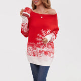 "Women's Winter Knit Sweater - Off Shoulder Pullover with Snowflake Pattern, Christmas Color Block Mid-Length Casual Jumper"