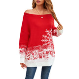 "Women's Winter Knit Sweater - Off Shoulder Pullover with Snowflake Pattern, Christmas Color Block Mid-Length Casual Jumper"