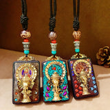 Nepal Tangka Pendant Male Green Tara Manjushri Bodhisattva Black Sandalwood Buddha Sign Vintage Necklace Sweater Chain Jewelry