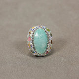 G-G Real Blue Amazonite Tourmaline Colorful CZ Paved Rings Adjustable Handmade Stone Ring Lady Simple Gifts