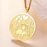 Dawapara Good Luck Elephant Medallion Necklace Powerful Protection Amulet Ohm Symbol Horseshoe Evil Eye Necklace Stainless Steel