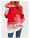 "Women's Winter Knit Sweater - Off Shoulder Pullover with Snowflake Pattern, Christmas Color Block Mid-Length Casual Jumper"