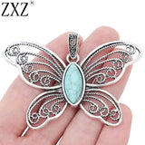 ZXZ 2pcs Tibetan Silver Large Imitation Turquoise Stone Butterfly Insect Charms Pendants For Necklace Jewelry Making Findings