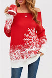 "Women's Winter Knit Sweater - Off Shoulder Pullover with Snowflake Pattern, Christmas Color Block Mid-Length Casual Jumper"