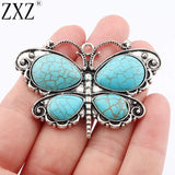 ZXZ 2pcs Tibetan Silver Large Imitation Turquoise Stone Butterfly Insect Charms Pendants For Necklace Jewelry Making Findings
