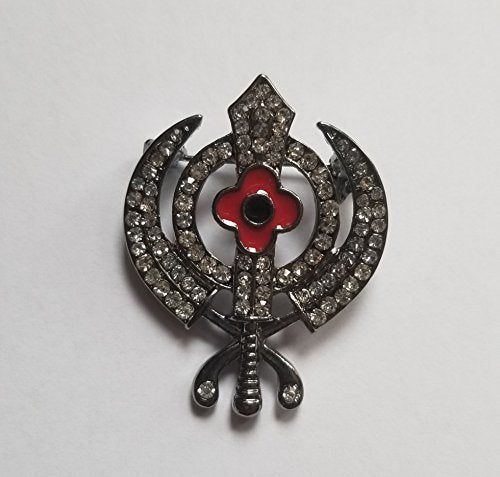 OnlineSikhStore Stunning Diamonte Black Gun Metal Vintage Affect SIKH Rememberance Day Poppy Khanda Brooch Cake Pin SINGH Turban Dumala