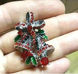 Christmas Bells Brooch Silver Plated Vintage Look Rhinestones Cake Pin B48