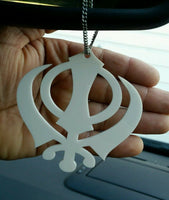 Small White Acrylic Khanda Punjabi Sikh Pendant Car Rear Mirror Hanging in Chain