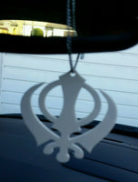 Small White Acrylic Khanda Punjabi Sikh Pendant Car Rear Mirror Hanging in Chain