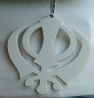 Small White Acrylic Khanda Punjabi Sikh Pendant Car Rear Mirror Hanging in Chain