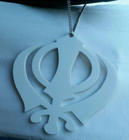 Small White Acrylic Khanda Punjabi Sikh Pendant Car Rear Mirror Hanging in Chain