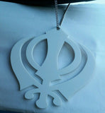 Small White Acrylic Khanda Punjabi Sikh Pendant Car Rear Mirror Hanging in Chain