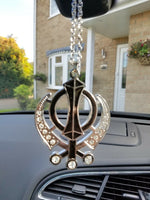 Singh Kaur Sikh Punjabi Silver Plated Khanda Pendant Car Rear Mirror Hanging BLA