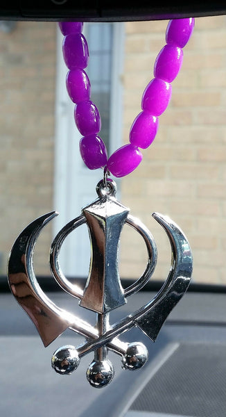 Silver Plated Punjabi Sikh Large Khanda Pendant Car Hanging in Purple Beads
